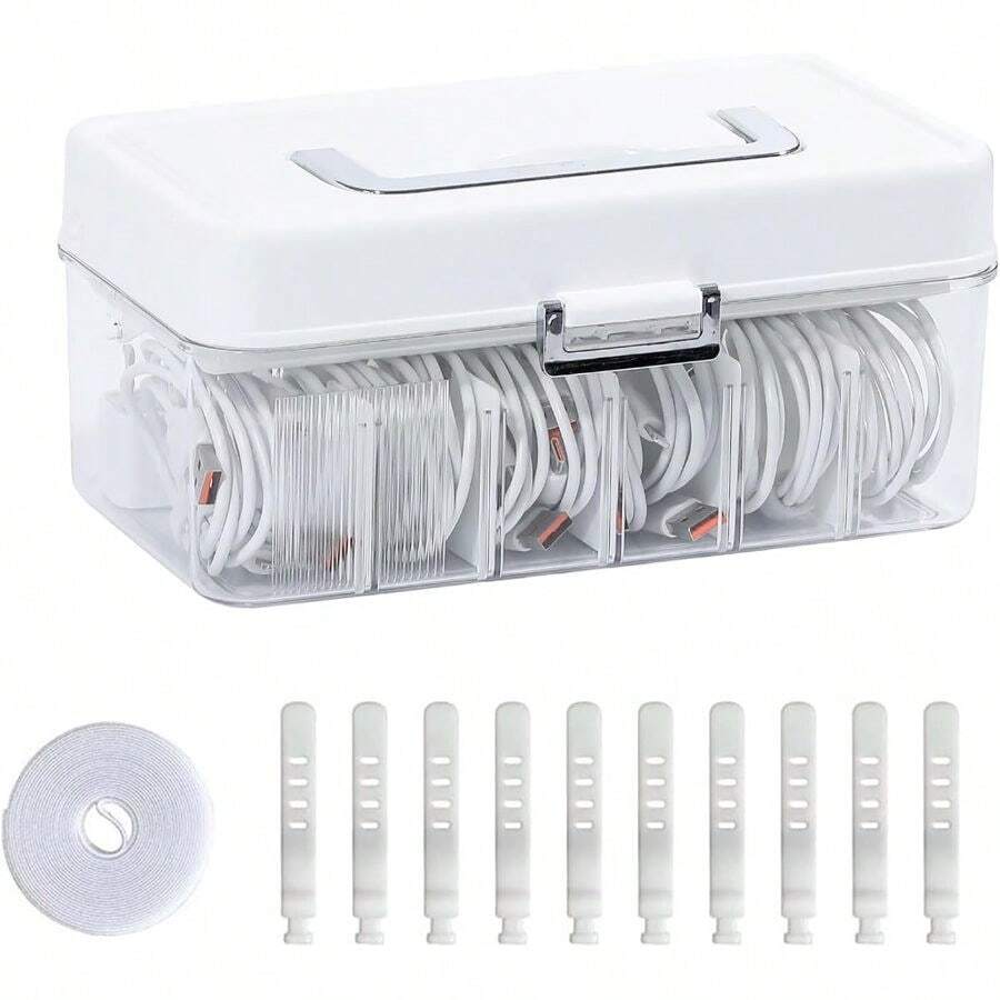 Large Organizer Box With Lid And Wire Ties, Plastic With Handle And Adjustable Dividers, Cord Storage Home Office, Phone Battery, Art Crafts, Stationery - View 1