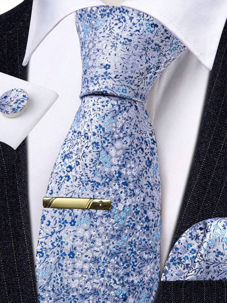 Light Blue Necktie Pocket Square Cufflinks Tie Clip 4pcs Set For Beach Resort Dinner & Sunset Wedding Reception - Baby Blue - View 1