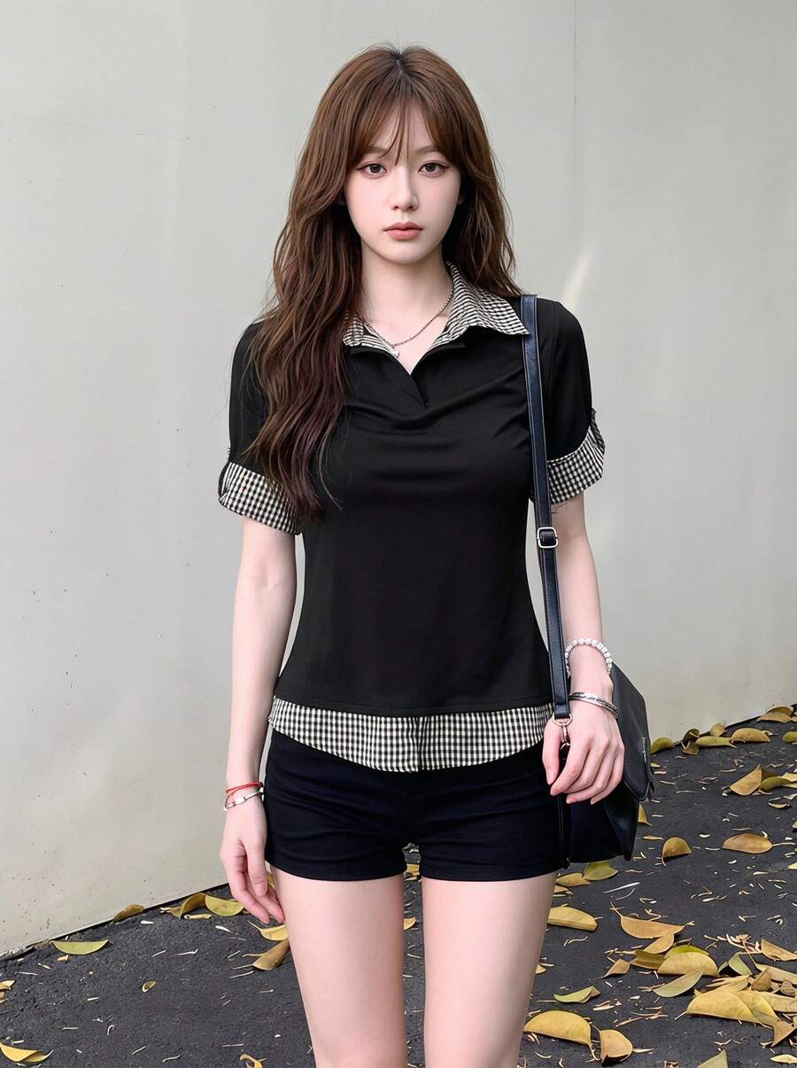 Yorily 大學風短袖女款拼色格紋假領層次修身T恤短版上衣休閒黑色夏季 - 黑色 - 查看 1