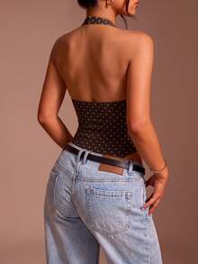 Women's Polka Dot Halter Neck Casual Versatile Daily Wear Bodysuit - Coffee Brown - View 2