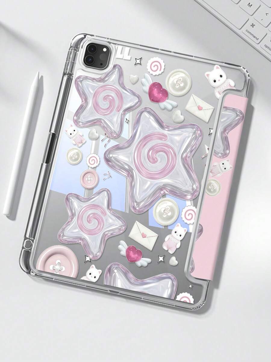 Exquisite Cute Cartoon Anime 3D Star Button Cat Heart Double-Sided Painted Acrylic Transparent Crystal Back Cover, Shockproof, Compatible With IPad 7th, 8th (10.2 Inch), 10th Generation, Built-In Pen Slot, Supports Sleep/Wake Function, Ideal Gift Choice - Multicolor - View 1