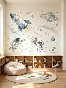 1 set/2 stora akvarellväggdekaler med rymdmotiv, lämpliga för barnrum, astronaut-, raket- och robotdekalset, avtagbar självhäftande vinylväggmålning, galaxtema för sovrumsdekoration - Multifärgad - Visa 8