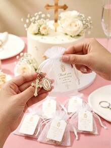 60pcs/20set Gantungan Kunci Salib dengan Tas Hadiah Organza dan Label, Cocok Sebagai Hadiah Baptisan, Acara Menyambut Bayi, Pesta Ulang Tahun, Peringatan Keagamaan, Hadiah Komuni Pertama Kristen - MultiWarna - View 5