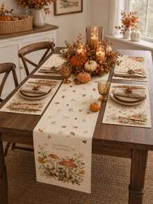 Autumn Mushroom Pattern "Autumn Blessing" Desktop Linen Table Flag+Placemat Set, Natural Style Home Decoration Table Flag, Foldable And Easy To Care For Kitchen Countertop Placemat, Autumn Decoration, Preferred Kitchen Supplies. - Multicolor - View 6