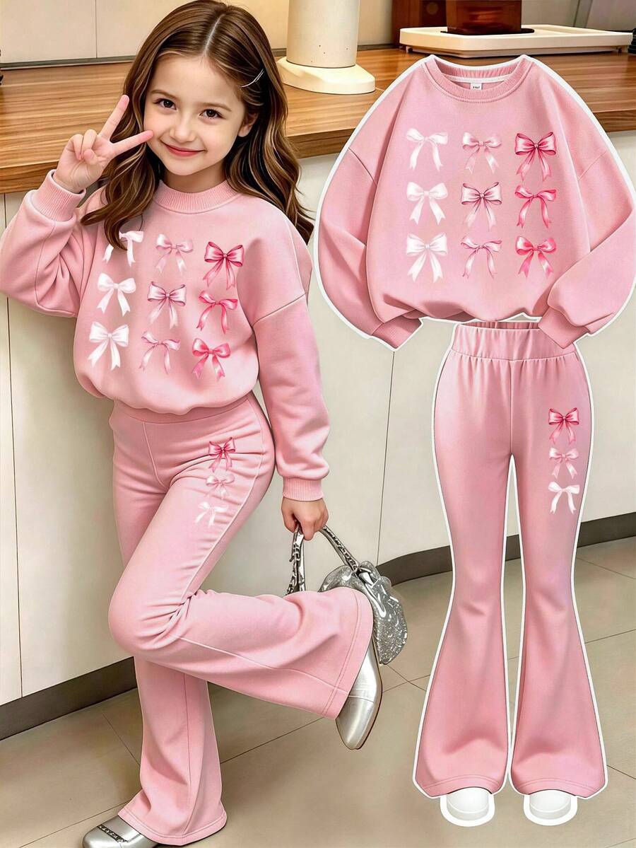 Girls Sweet Bowknot 9-Grid Print Crew Neck Sweatshirt + Printed Casual Long Pants Set, Autumn Winter Outfit, Campus Style, Homecoming Wear - Pink - View 1