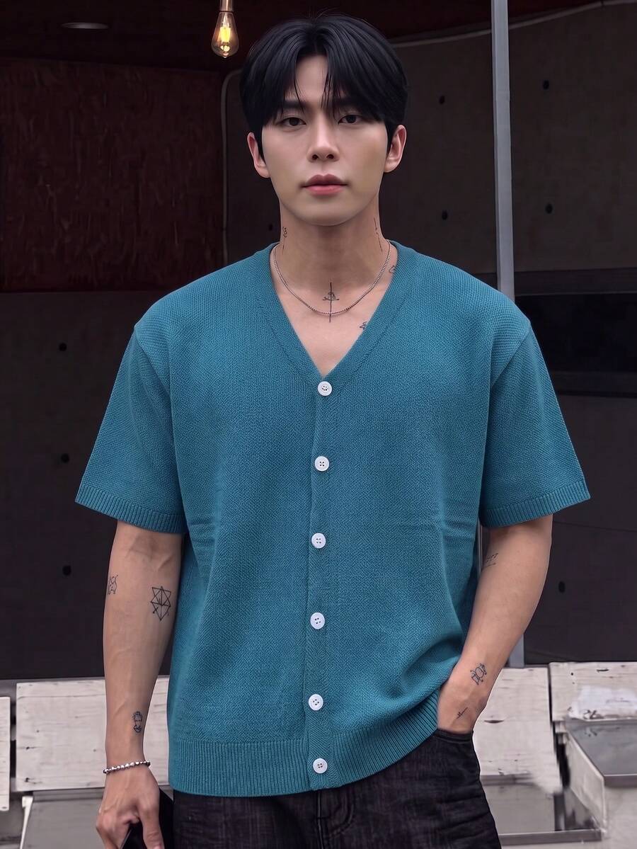 春夏新款纯色蓝色V领宽松舒适休闲/工作男女通用短袖针织上衣,优雅 - 藍色 - 查看 1