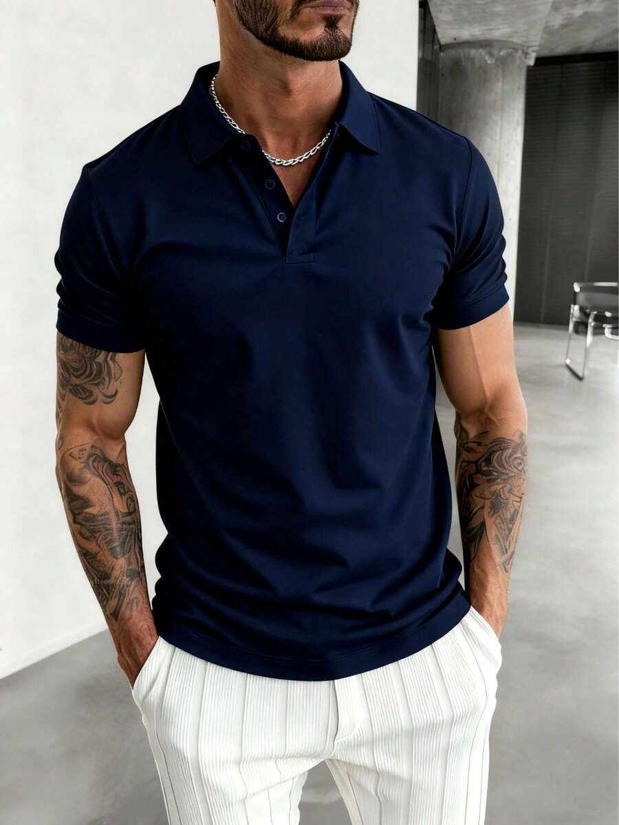 男士纯色休闲通勤 Polo 衫，夏季，适合打高尔夫 - 藏蓝色 - 查看 1