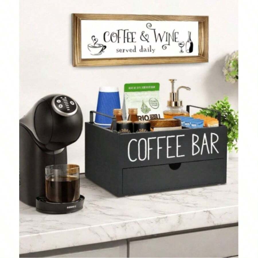 1pc Rustic Wooden Coffee Bar Organizer, Countertop Coffee Capsule Storage Rack, Desktop Coffee Tea Beverage Condiment Organizer, Rustic Coffee Accessories Storage Box, Bar Decor, Home Storage & Organization - Multicolor - View 1