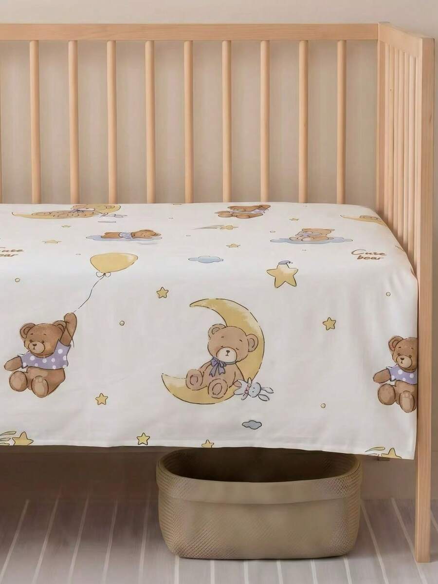 1pc Cute Cartoon Print Soft Breathable Comfortable 100% Cotton Baby Bed Sheet - Moon Goodnight Bear - View 1