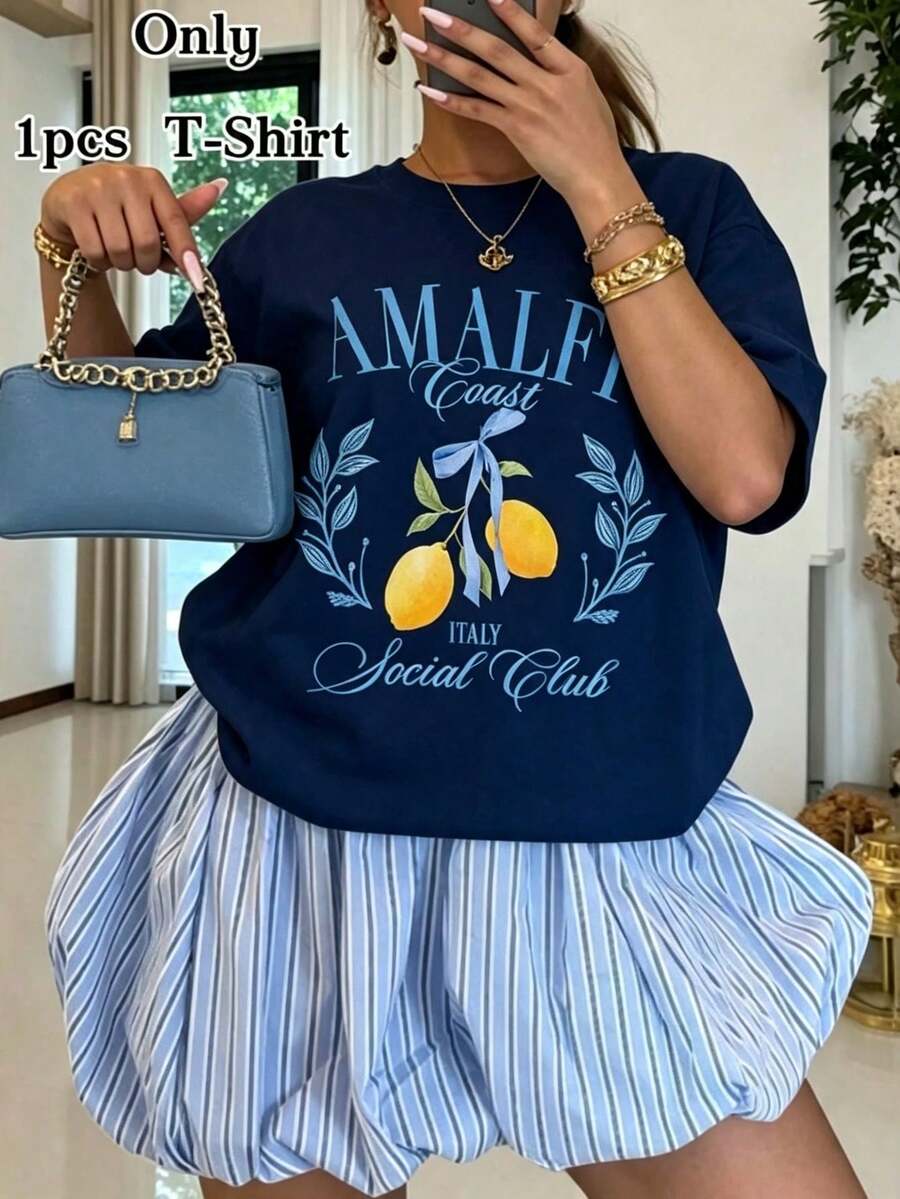 Women's Fall Amalfi Italy Lemon Graphic Tee, "AMALFI ITALY Social Club" Print, 180g Soft Slightly Stretch Cotton Round Neck Short Sleeve Casual Top - 藏青色 - 查看 1