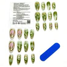 24pcs Almond-Shaped Short Press-On Nails, Green Floral Pattern, Glossy, 3D Rhinestone Decor, Detachable Sweet Orchid Style False Nails, Suitable For Spring & Autumn, Nail Art Supplies - Multicolor - View 2