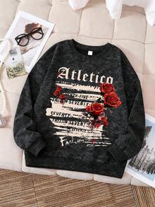 1pc Teen Girls Crew Neck Rose Print Sweatshirt, Vintage Cool Style, Comfortable Autumn/Winter New Top - Black - View 2
