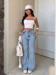 Pantalones de mezclilla rectos lavado, elásticos, efecto levantador de glúteos, control abdominal y caída amplia - Lavado ligero - Ver 2