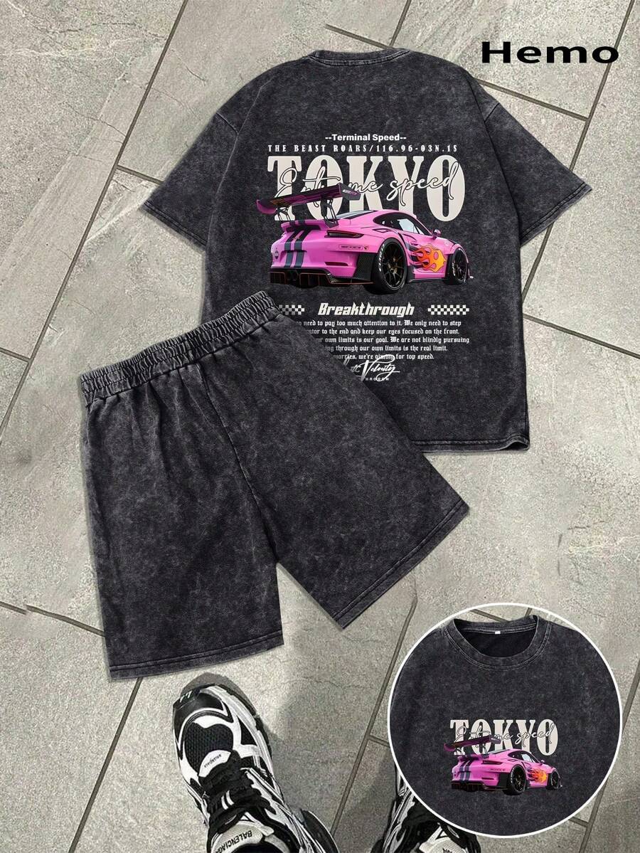 Hemo, Men's Street Fashion Racing Pattern T-Shirt And Shorts Set, Slightly Stretchy Washed Black Casual Daily 2-Piece Outfit, Summer - Black - View 1