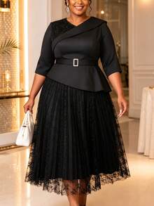 Plus Size Women's Black Asymmetrical Ruffle Lace Pleated Maxi Dress, Asymmetric Collar, 3/4 Sleeve, Waist Tie, Elegant Church Formal Party Gown - Black - View 7