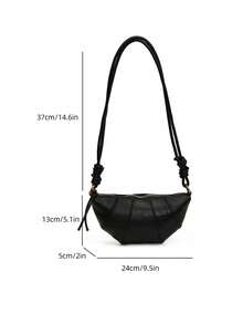1pc Pleated Soft Leather Fan-Shaped Underarm Bag, Multi-Panel Patchwork Stitching, Dual-Side Rope Knot Adjustable Spaghetti Strap, Zipper Closure, Minimalist Crossbody Small Bag - Black - View 4