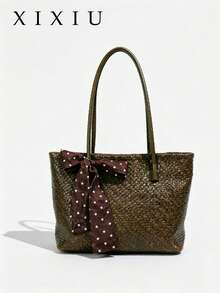 Women's Tote Shoulder Bag, Solid Color Polka Dot Bow Ribbon Decor, Large Capacity, Minimalist Elegant Style, Daily Commute Shopping Handbag - Green - View 2