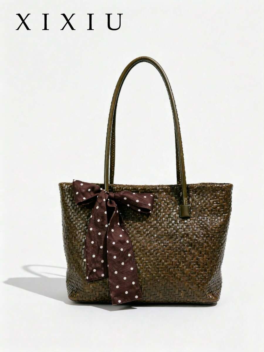 Women's Tote Shoulder Bag, Solid Color Polka Dot Bow Ribbon Decor, Large Capacity, Minimalist Elegant Style, Daily Commute Shopping Handbag