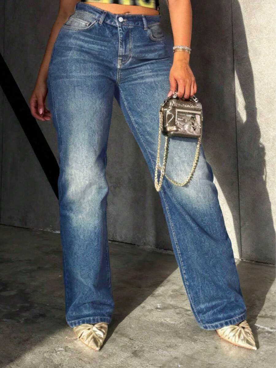 Celana Jeans Boyfriend Wanita Model Lurus Longgar Gaya Vintage dengan Efek Lusuh - Dark Wash - View 1