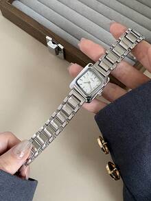 1件阿拉伯數字刻度金色方形鑲鑽女款石英手錶，精緻休閒，適合日常搭配、派對禮物 - 銀色 - 查看 2
