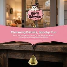 Cute Pink Halloween Wooden Door Hanger, Witch Hat Ghost Welcome Sign, Star Decor With Chain And Bell, Front Door Holiday Decoration - Multicolor - View 4
