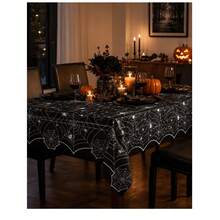 1pc Halloween Spider Web Tablecloth, Black & White Spider Print Rectangle Table Cover, Spooky Party Table Decoration For Dining Table, Buffet, Birthday, Indoor Outdoor Halloween Home Decor, 108 * 180cm - A - View 6