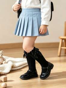 4雙女童蝴蝶結裝飾粗針編織膝上襪，無跟過膝襪，適合1-8歲女孩，日常穿著、返校穿搭，百搭款 - 黑色 - 查看 2