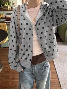 Women's Zipper Front Pocket Polka Dot Hooded Sweatshirt - Multicolor - View 1