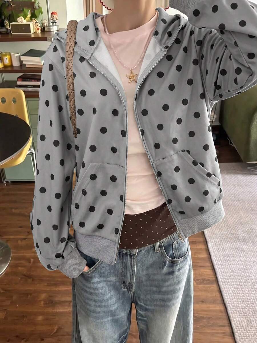 Women's Zipper Front Pocket Polka Dot Hooded Sweatshirt - Multicolor - View 1