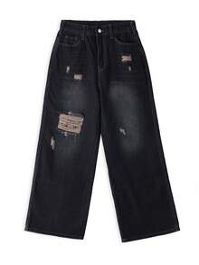 Vintage Distressed Loose Fit Straight Leg Jeans For Petite Women, Flattering & Versatile Casual Spring - Grey - View 5