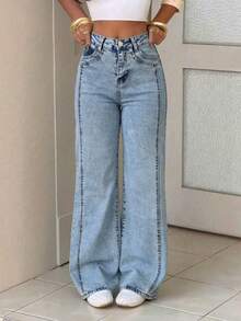 Pantalones de mezclilla rectos lavado, elásticos, efecto levantador de glúteos, control abdominal y caída amplia - Lavado ligero - Ver 4