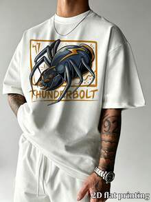 Vintage Thunderbolt Spider Graphic Print Men's Oversized Casual Short Sleeve T-Shirt, Streetstyle Loose Round Neck Breathable Cotton Tee Top For Summe - White - View 6