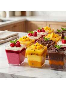 150 Ml Dessert Cups Set Of 25, Clear Square PS Dessert Bowls With Pyramid Design For Mousse Pudding Tiramisu Ice Cream Fruit Salad And Layered Desserts, Reusable Dishwasher Food Containers For Parties Catering And Home Use - View 2
