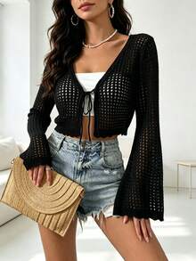 Plus Size Solid Color Short Hollow-Out Knitted Cardigan Black - Black - View 2