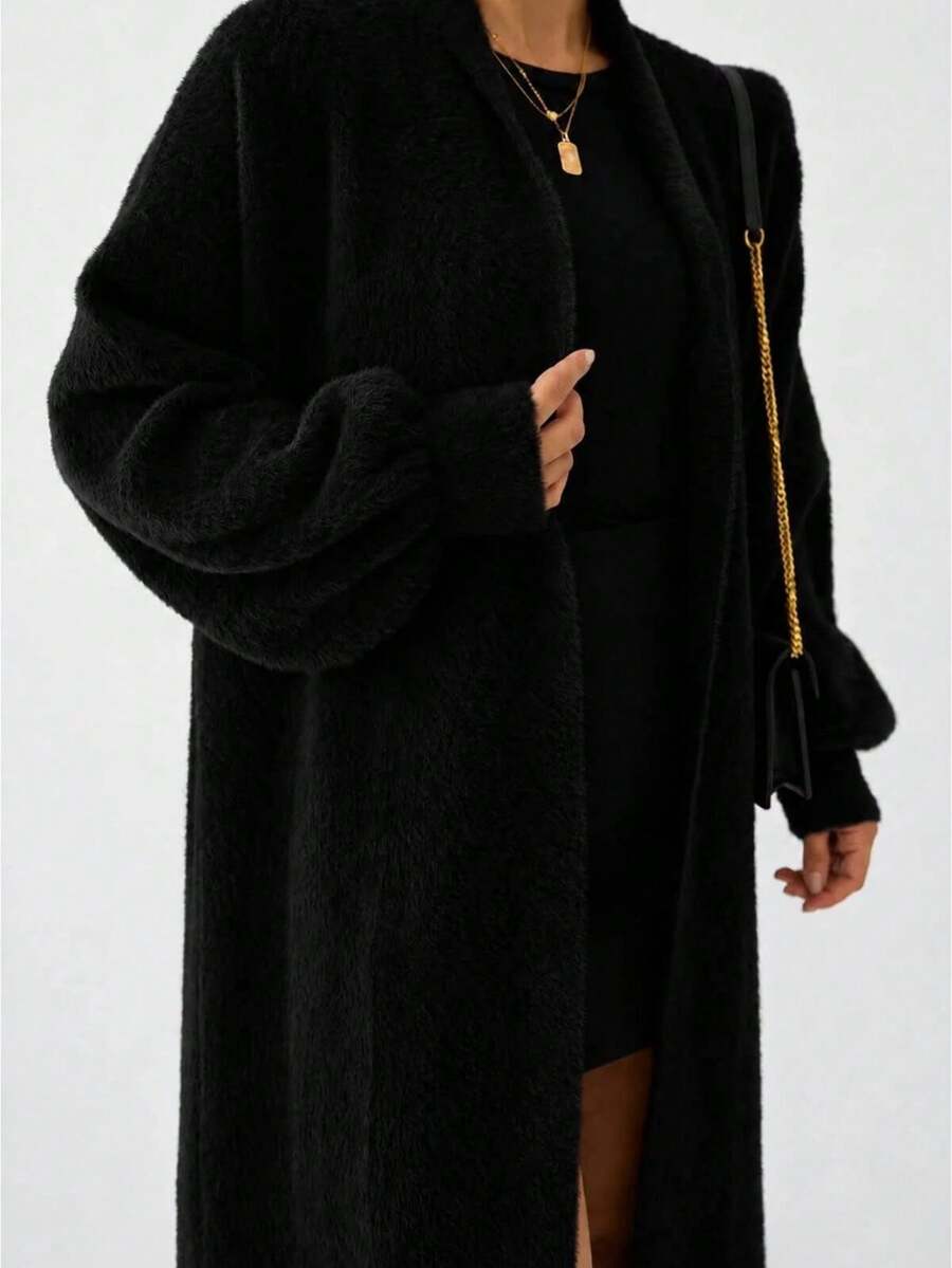 Women's Chenille Fabric Long Knit Cardigan - Black - View 1