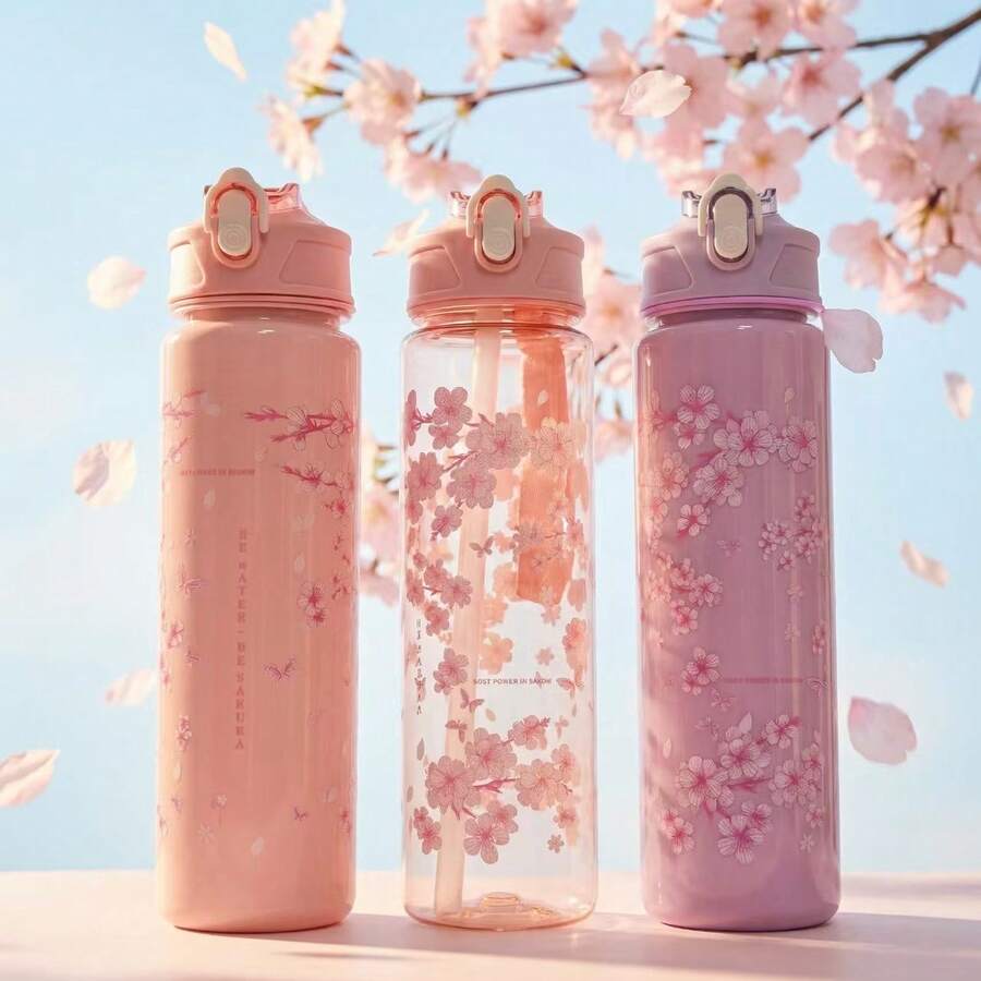 1pc 800ML New Creative Viral Print Space Cup, Portable Drawstring Flip Lid Plastic Cup, Cute Cherry Blossom Pattern, Highly Attractive Straw Water Bottle, Handbag Cup - Multicolor - View 1