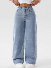 Calça Wide Leg Pantalona Marmorizada  Jeans Feminina Cintura Alta  Sem Laycra Levanta Bumbum PLUS Size Tam 36 ao 54 - Lavagem clara - Visão 1