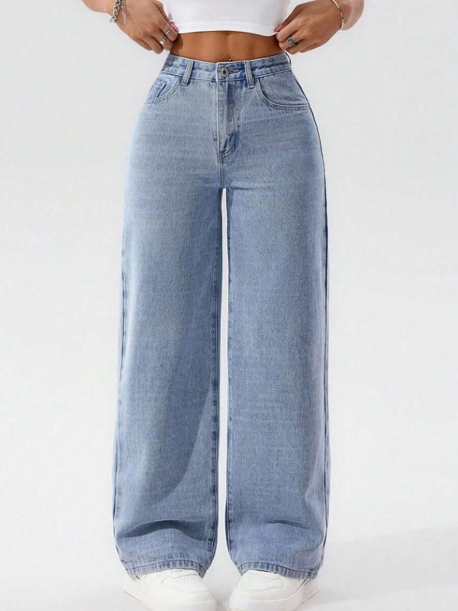 Calça Wide Leg Pantalona Marmorizada  Jeans Feminina Cintura Alta  Sem Laycra Levanta Bumbum PLUS Size Tam 36 ao 54 - Lavagem clara - Visão 1