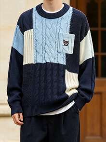 Men's Colorblock Chunky Knit Crew Neck Pocket Bear Embroidered Loose Casual Pullover Sweater - Navy Blue - View 1
