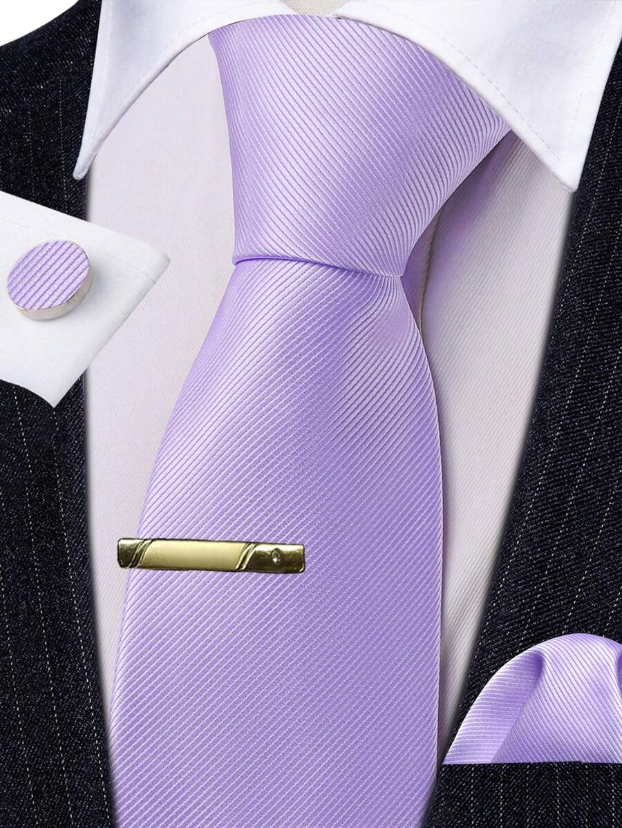 Lavender Plain Necktie Pocket Square Cufflinks Tie Clip 4pcs Set For Botanical Garden Bridal Tea & Garden Wedding Luncheon - Mauve Purple - View 1