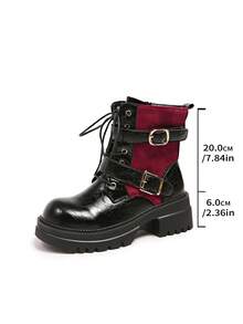 Black & Red Colorblock Boots For Women, Double Metal Buckle Thick Sole Height-Increasing Motorcycle Ankle Boots, Punk Style Lace-Up Side Zipper Fashion Boots - Burgundy - View 8