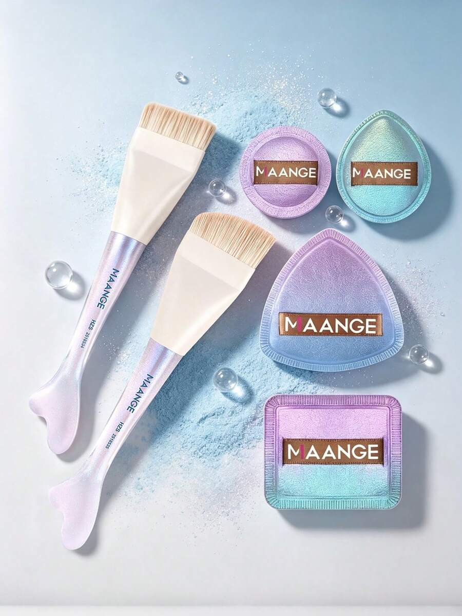 MAANGE 2pcs Facial Makeup Brush Set (Foundation Brush, Mask Brush) + 4pcs Multi-Functional Cushion Powder Puffs Makeup Tools, Gift For Women And Girls, Suitable For Home, Travel Or Outdoor Use - Multicolor - View 1