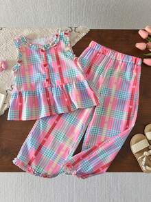 Set de 2 piezas: Top de manga corta con estilo de mezclilla y pantalones azul marino para niñas, conjunto casual - Rojo - Ver 1