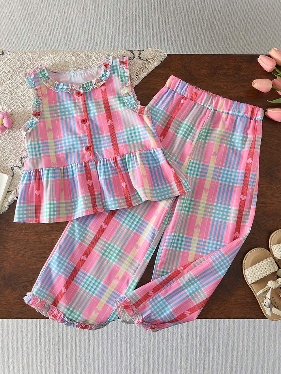 Set de 2 piezas: Top de manga corta con estilo de mezclilla y pantalones azul marino para niñas, conjunto casual - Rojo - Ver 1