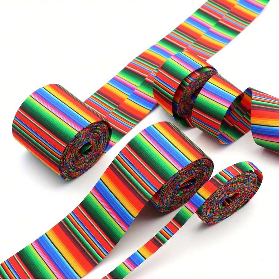 1 Roll Vibrant Mexican Serape Striped Polyester Ribbon - 5 Yards, Multiple Widths Available (1cm/3cm/5cm/6cm/7.5cm), Suitable For DIY Crafts, Sewing, Gift Wrapping And Fashion Accessories, Handmade Supplies, Bold Stripes, Woven Texture - Multicolor - View 1