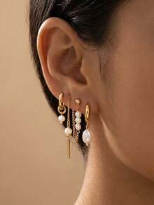 4pcs/Set Fashion Brass KC Gold Plated Baroque Pearl Earrings, Suitable For Daily Wear - Gold - View 2