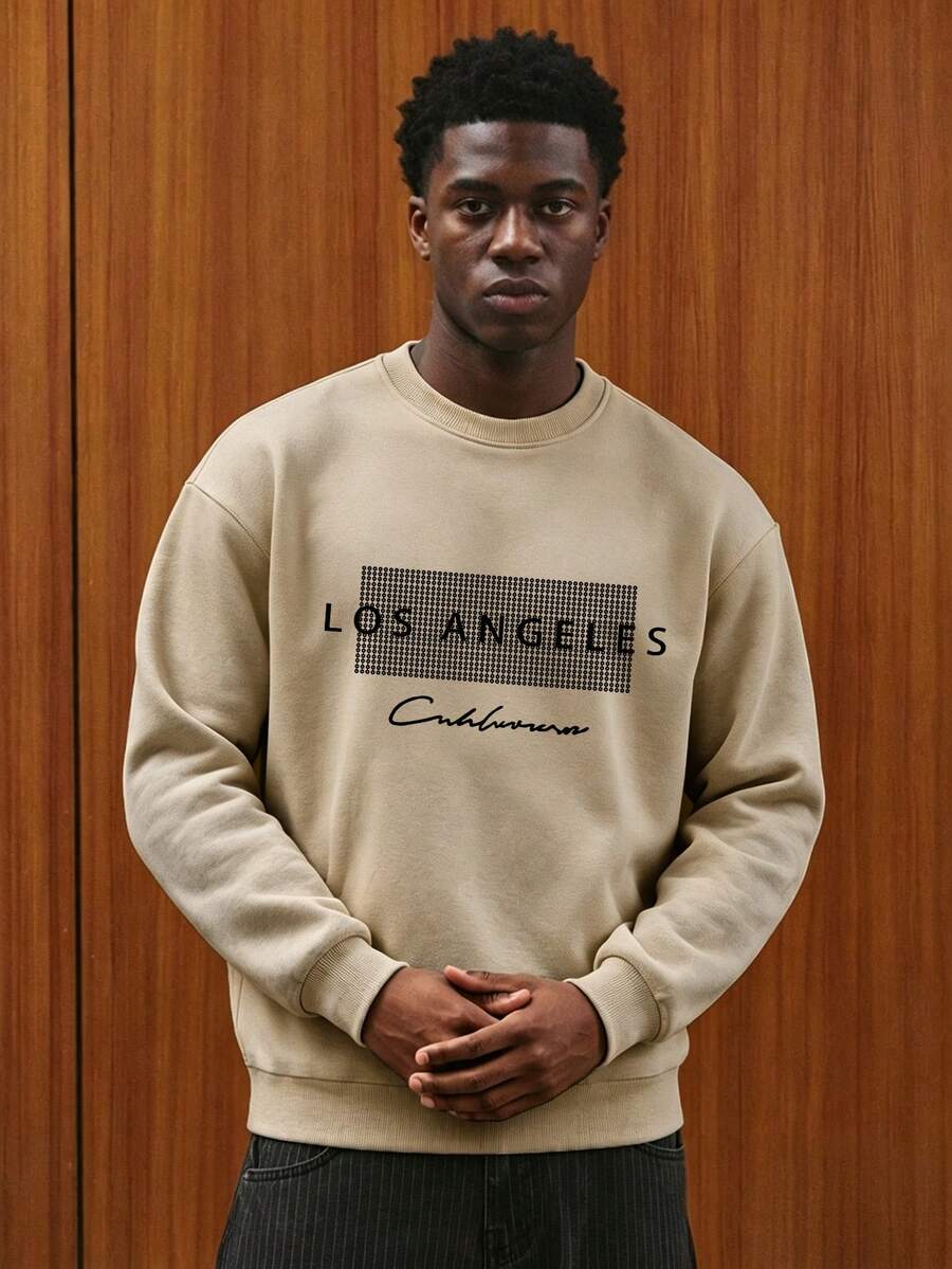 Sudadera holgada de cuello redondo de manga larga con estampado de letra para hombre, adecuada para primavera y otoño - Albaricoque - Ver 1