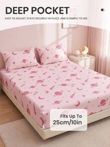 1pc Pink Space Planet Pattern Fitted Sheet, Bedding, Mattress Protector, Home Textile, Soft, Wrinkle-Resistant, Breathable & Comfortable, Suitable For All Bed Sizes, Dorm Bedding, Home Decor, Pillow And Pillowcase Not Included, Deep Pocket, Back To School - Multicolor - View 5