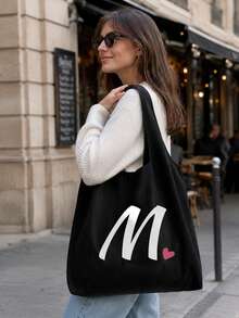 Pink Heart Letter A-Z Pattern Vest-Style Shoulder Bag, Women's Casual Canvas Tote Bag, Suitable For Vacation, Beach And Daily Life, Perfect Gift For Women, Mothers, Teachers, Friends And Bridesmaids, Large Capacity Bag, Students, Back To School Season, Portable Casual Storage Tote Bag, Multi-Functional Shopping Bag, Novel Design, Large Capacity, Ideal For Shopping, Shoulder Bag, Tote Bag, Lunch Bag, Lunch Box And More. - Multicolor - View 4