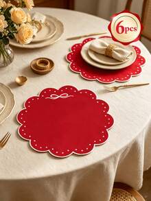 1-6pcs Bowknot Polka Dot Placemats, French Country Fabric Wavy Round Embroidered Waterproof Table Mats For Home, Afternoon Tea, Birthday Party - Multicolor - View 20